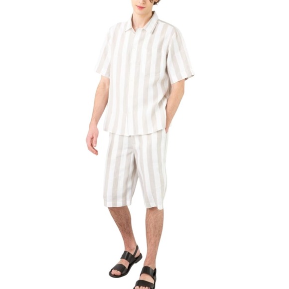 UpWest Mens Medium Striped Resort Shirt Pullover Hemp Blend Beige White - Picture 1 of 9